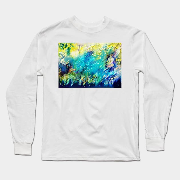 FLUTE PLAYING PAN AND DEER IN GREEN FOREST Long Sleeve T-Shirt by BulganLumini